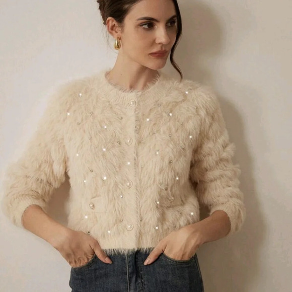 V-Neck Studded Diamond Pattern Faux Mink Elegant Cardigan Sweater For Women